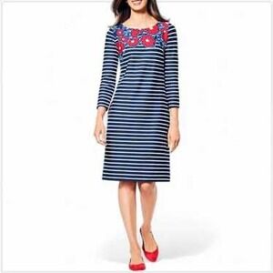 Talbots‎ Women's Striped Floral Applique 3/4 Sleeve Sheath Dress